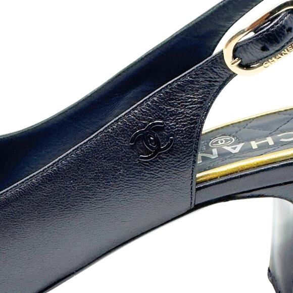 Chanel CC Logo Bow Black Gold Slingback Quilted Mary Jane Block Heels Loafers 38 - Picture 6 of 12